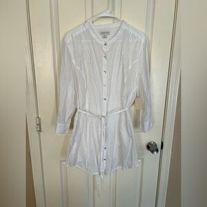 Coldwater Creek White Button Front Shirt Dress Tunic w/ Tie Belt